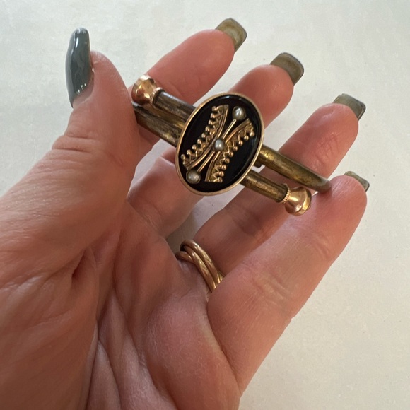 Victorian 1879 bracelet 10k bypass mourning onyx pearl - Picture 5 of 6